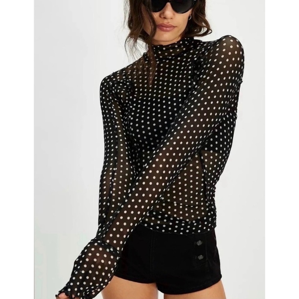 Free People Charlie Mesh Top Sheer Polka Dot Black White Mock Neck Long Sleeve S